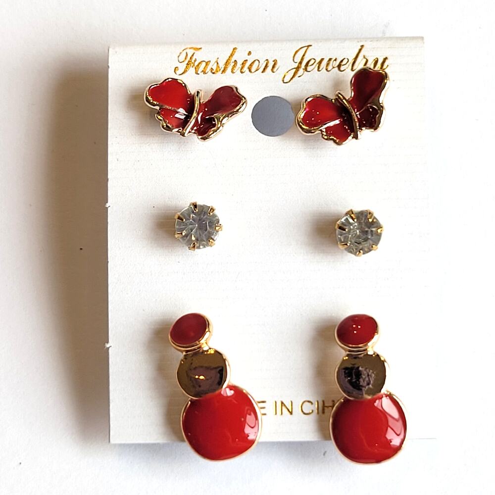 Red Gold Butterfly Stud Earrings Set w/ Crystal & Geometric Drop Pair, Gift Bag